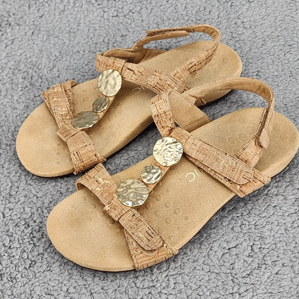 Vionic Farra Tan Cork Sandals Sz 8 Gold Details Ankle Strap Comfort Boho - Picture 10 of 11